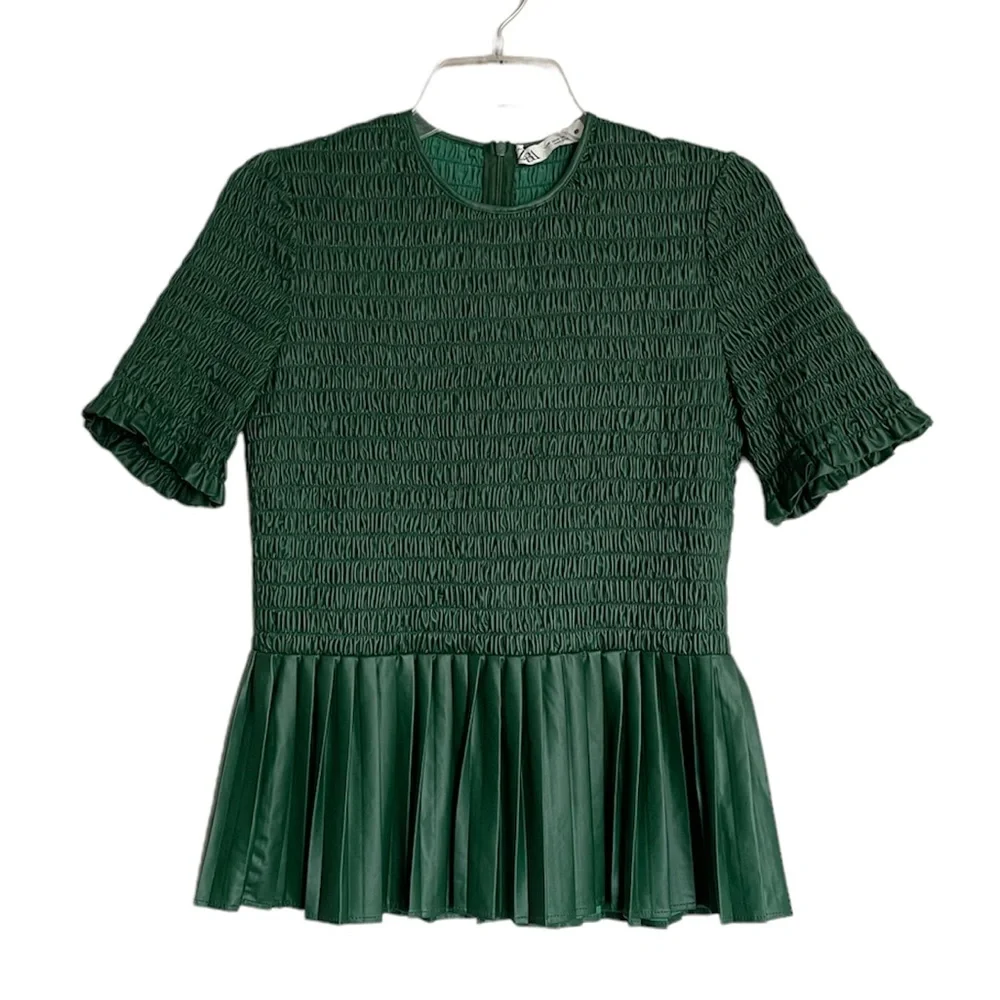 ZARA Faux Leather Peplum Smocked Bodice Top NEW - Picture 6 of 11